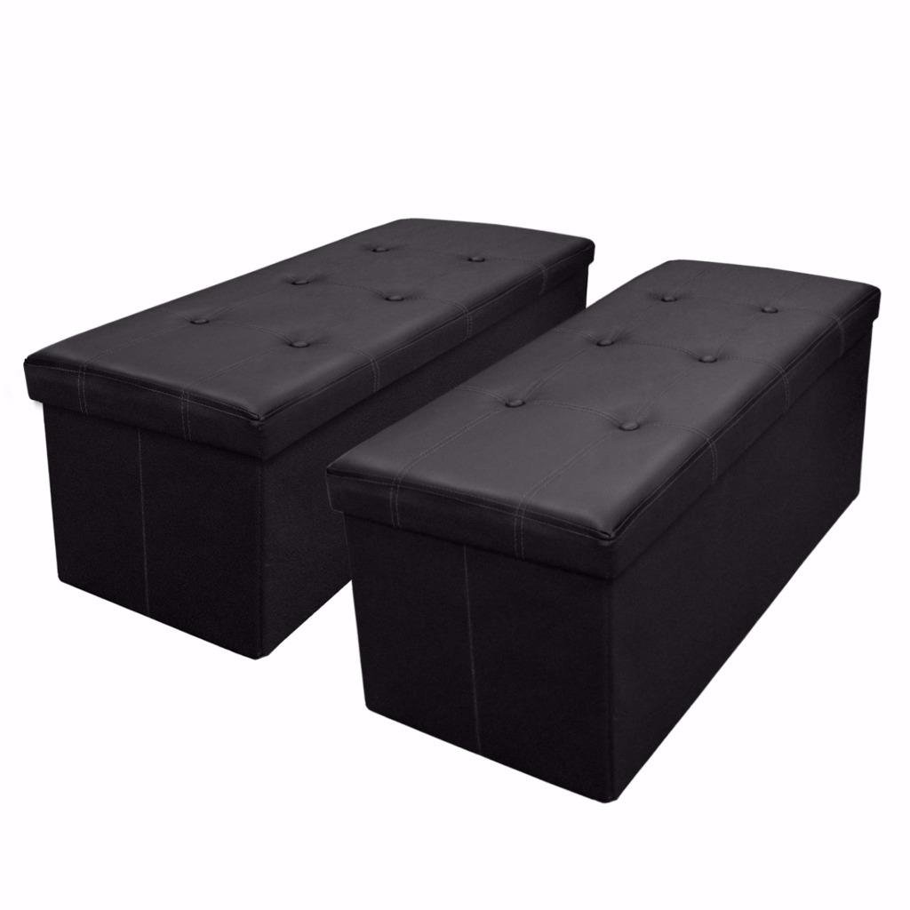 Otto & Ben [2pc Set] Folding Toy Box Chest with Memory Foam Seat, Tufted Faux Leather Trunk Ottomans Bench Foot Rest, Black