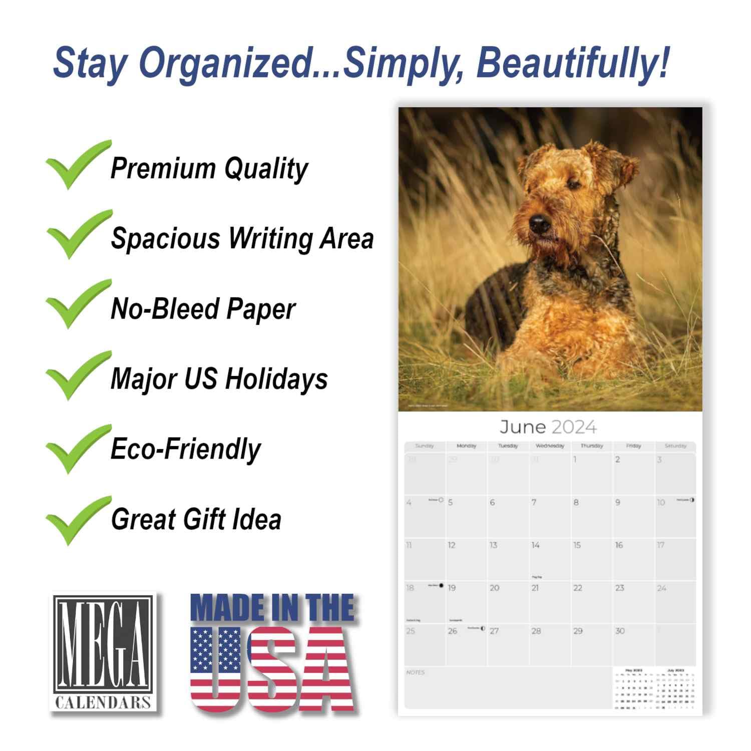 2023 2024 Airedale Calendar - Dog Breed Monthly Wall Calendar - 12 x 24 Open - Thick No-Bleed Paper - Giftable - Academic Teacher's Planner Calendar Organizing & Planning - Made in USA