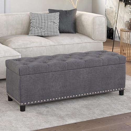 BELLEZE Modern Luxury Button-Tufted Ottoman Bench Footrest Upholstered Linen Fabric Decor for Living Room, Entryway, or Bedroom with Storage - Brentwood (Gray)