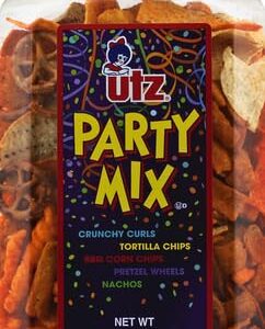 Utz Party Mix - 26 Ounce Barrel - Tasty Snack Mix Includes Corn/Nacho Tortillas, Pretzels, BBQ Corn Chips and Cheese Curls, Easy and Quick Party Snacks, Cholesterol Free and Trans-Fat Free