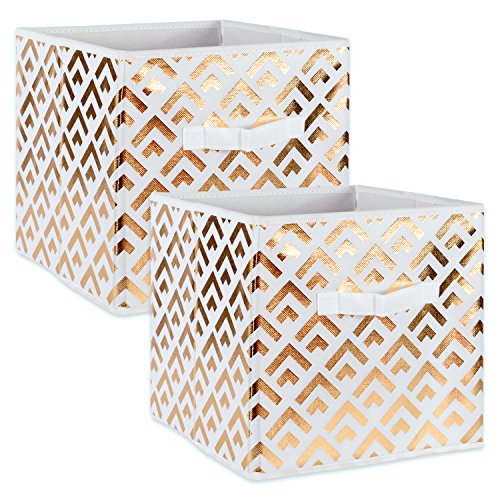 DII Non Woven Polyester Metallic Diamond Storage Bin, Large Set of 2, White / Gold