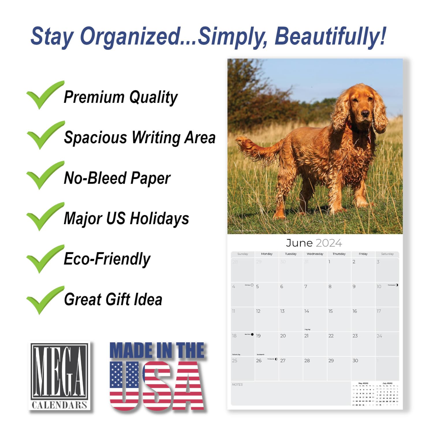 2023 2024 English Cocker Spaniel Calendar - Dog Breed Monthly Wall Calendar - 12 x 24 Open - Thick No-Bleed Paper - Giftable - Academic Teacher's Planner Calendar Organizing & Planning - Made in USA