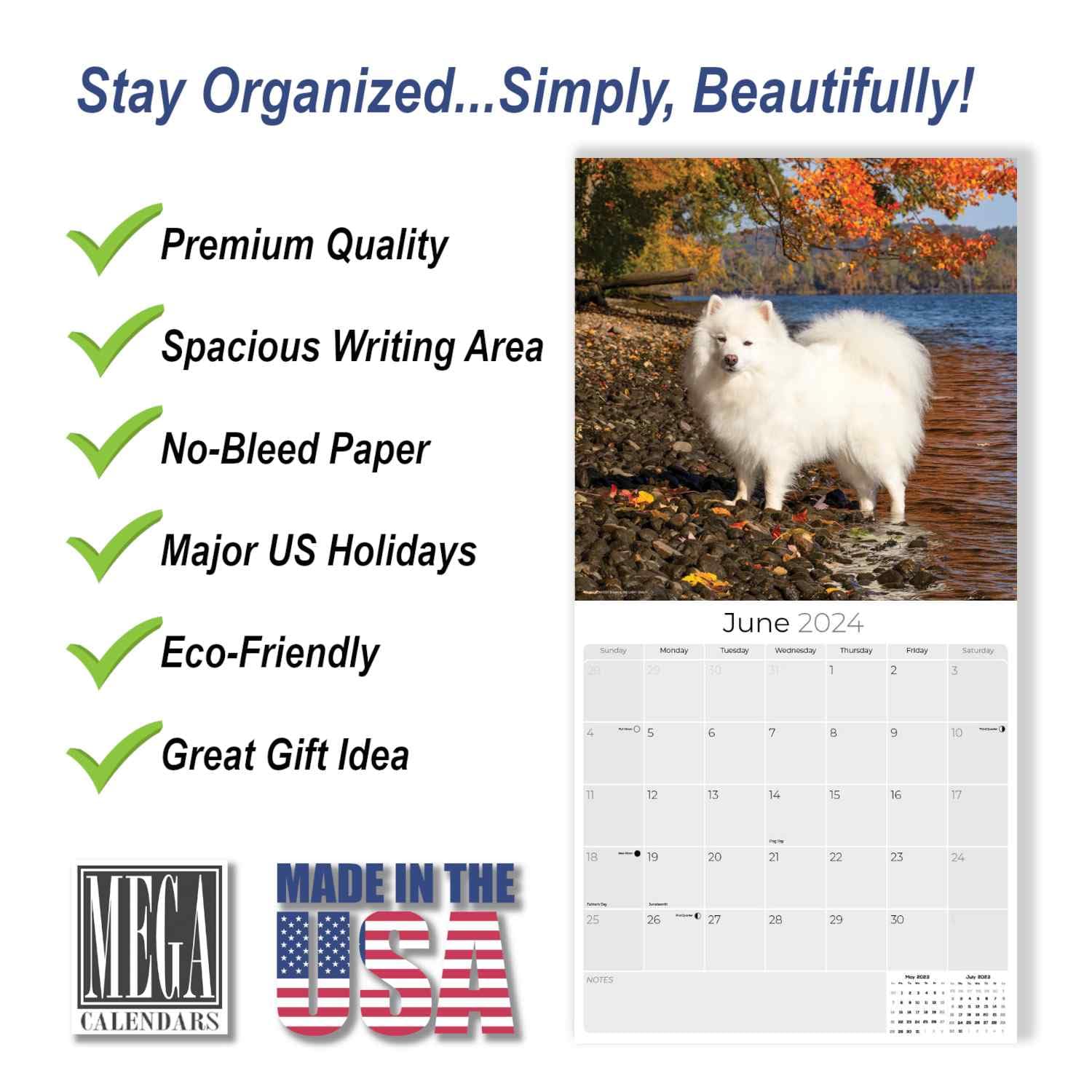 2023 2024 American Eskimo Dog Calendar - Dog Breed Monthly Wall Calendar - 12 x 24 Open - Thick No-Bleed Paper - Giftable - Academic Teacher's Planner Calendar Organizing & Planning - Made in USA