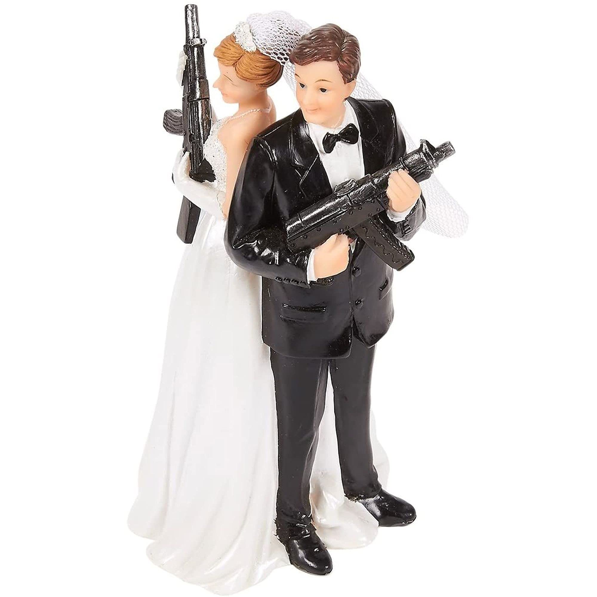 Juvale Wedding Cake Topper - Fun Wedding Couple Figures Decorations Gift (Bride Groom Figurines Holding Rifles)