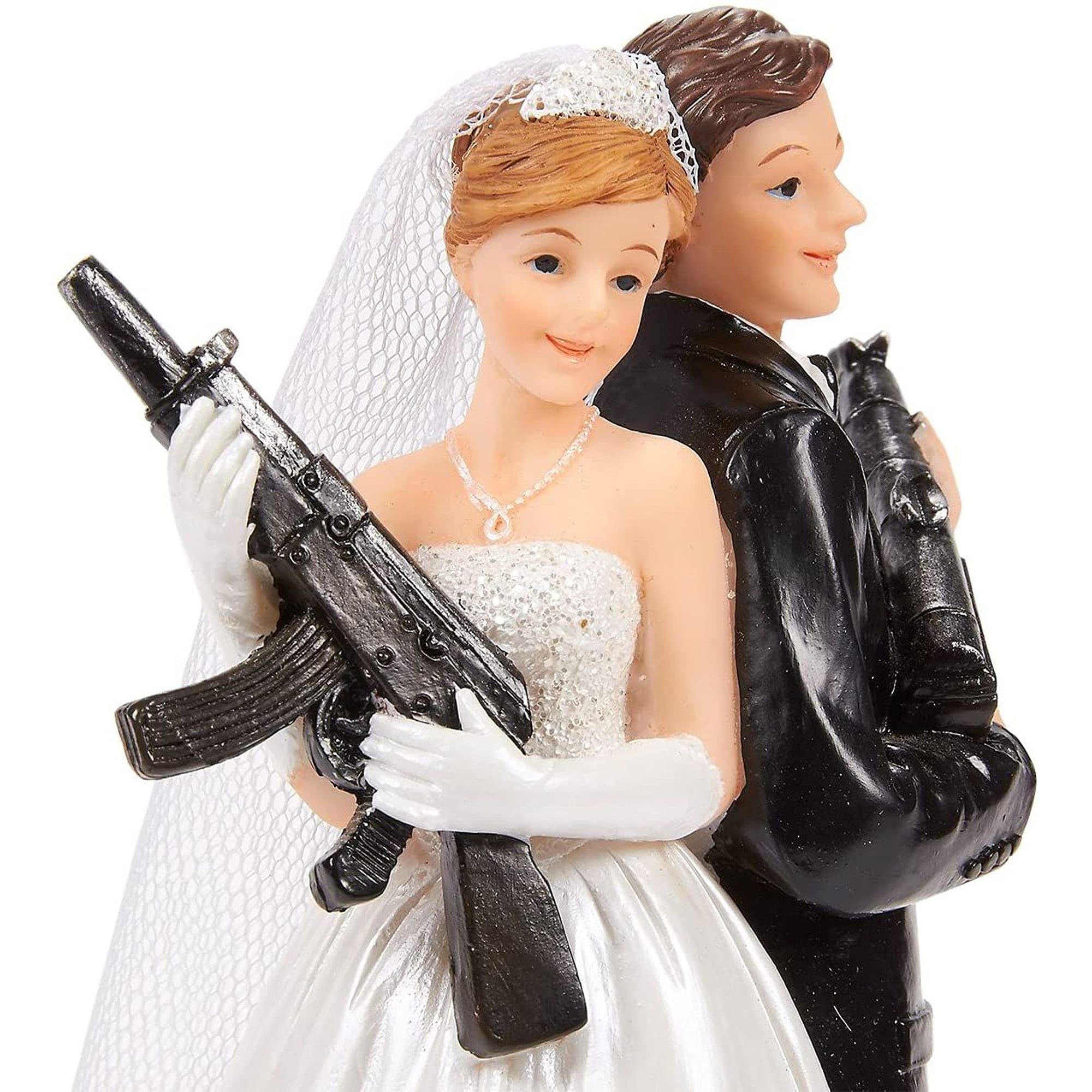 Juvale Wedding Cake Topper - Fun Wedding Couple Figures Decorations Gift (Bride Groom Figurines Holding Rifles)