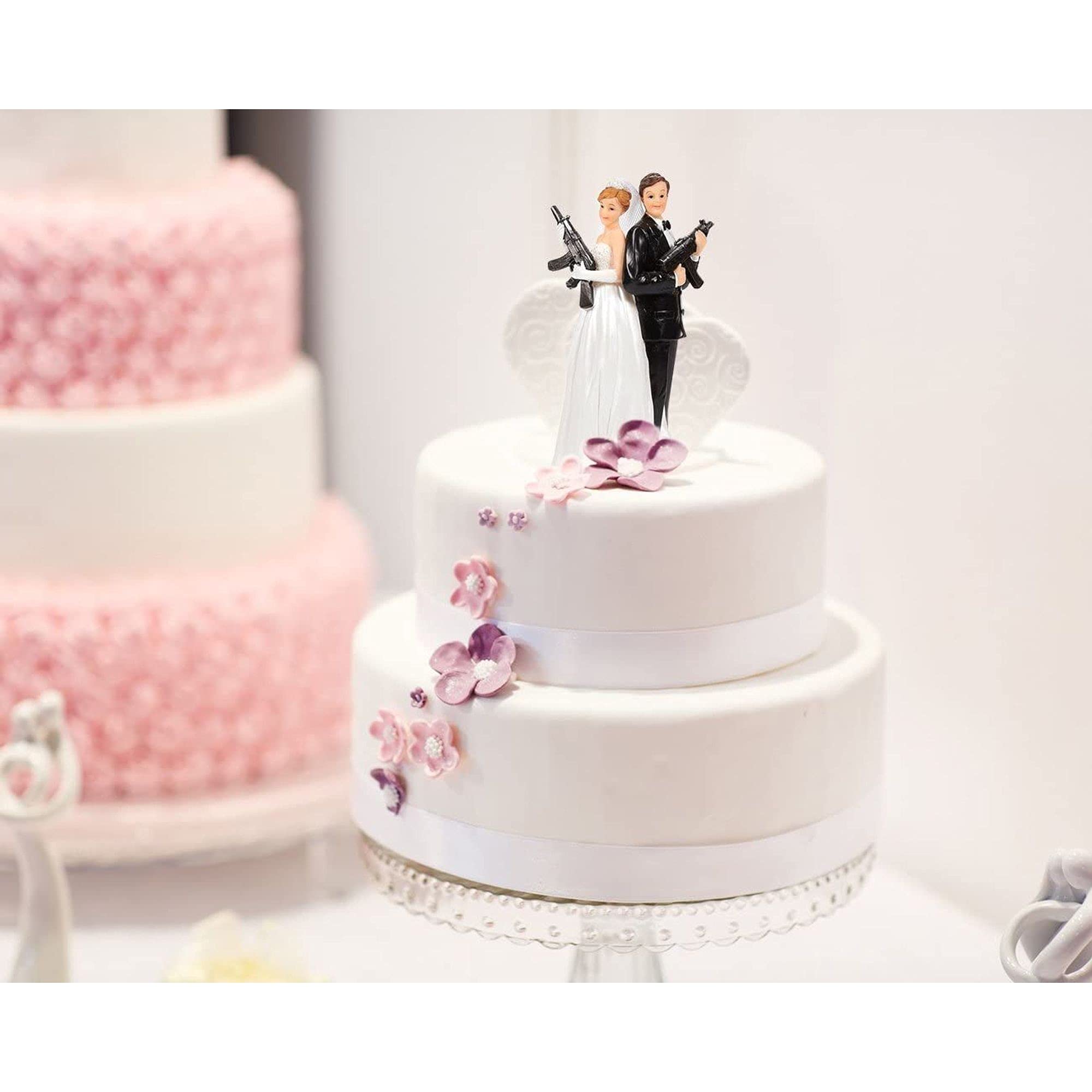 Juvale Wedding Cake Topper - Fun Wedding Couple Figures Decorations Gift (Bride Groom Figurines Holding Rifles)