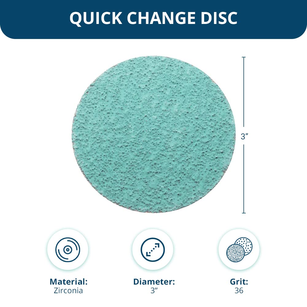 Benchmark Abrasives 3" Quick Change Green Zirconia Sanding Discs with Male R-Type Backing for Surface Finish Grind Polish Burr Rust Paint Removal Use with Die Grinder (25 Pack) - 36 Grit