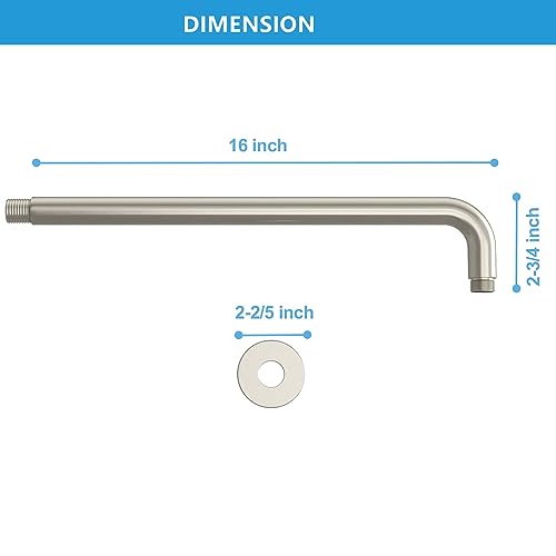 Lordear Shower Arm 16 Inch Shower Extension Arm Brushed Nickel T304 Stainless Steel Long Shower Head Extension Tube, Shower Extender Arm with Flange, Shower Head Pipe