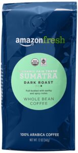 amazon fresh organic fair trade sumatra whole bean coffee, dark roast, 12 ounce