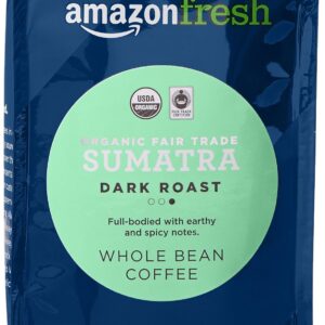 Amazon Fresh Organic Fair Trade Sumatra Whole Bean Coffee, Dark Roast, 12 Ounce