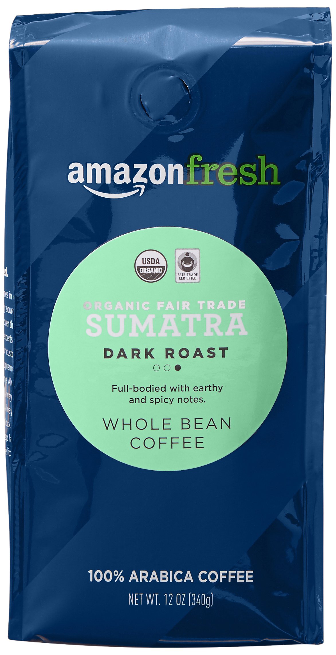 Amazon Fresh Organic Fair Trade Sumatra Whole Bean Coffee, Dark Roast, 12 Ounce