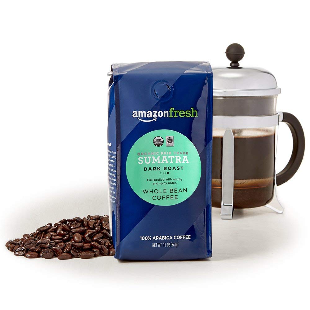 Amazon Fresh Organic Fair Trade Sumatra Whole Bean Coffee, Dark Roast, 12 Ounce