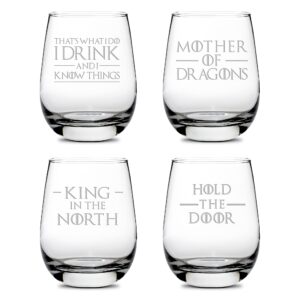 integrity bottles, got, mod, that's what i do, king of the north, hold the door (set of 4) stemless wine glasses, handmade, handblown, hand etched gifts, sand carved, 16oz