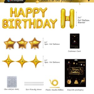 iPartycool 24pcs Birthday Balloons Banner, 3D Gold Premium Mylar Foil Ecofriendly Letter Happy Birthday Banner with 6pcs Star Balloons Kits for Kids Boys Men Adults Birthday Party Decorations HB0G…