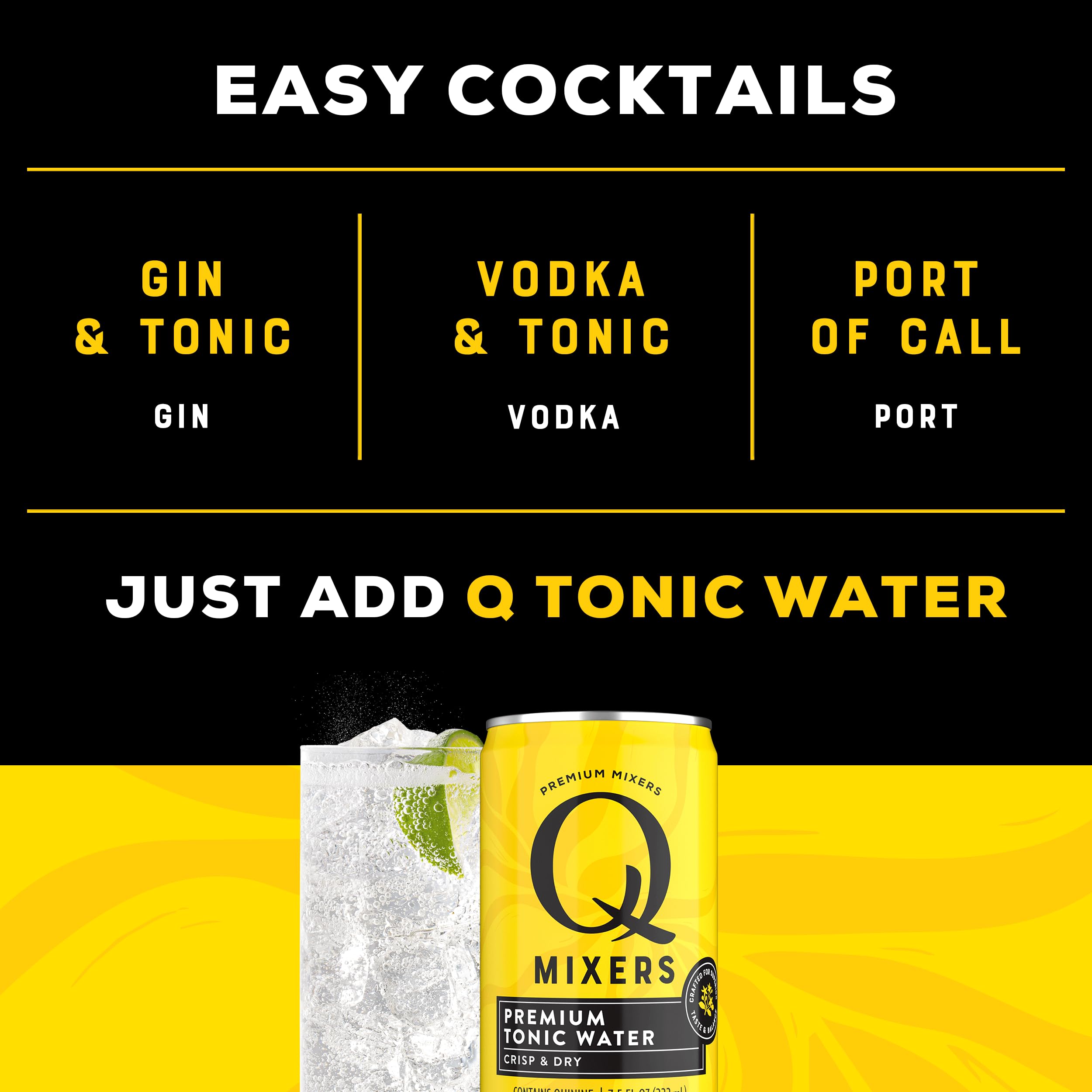 Q Mixers Tonic Water, 7.5 Fl oz (Pack of 24), Only 45 Calories per Can, Premium Cocktail and Mocktail Mixer Made with Real, Natural Ingredients (Packaging May Vary)