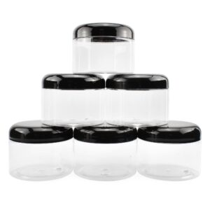 cornucopia 12 ounce clear plastic jars w/black plastic lids (6 pack); bpa free pet stackable canisters for bathroom & kitchen storage