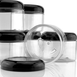 Cornucopia 12 Ounce Clear Plastic Jars w/Black Plastic Lids (6 pack); BPA Free PET Stackable Canisters for Bathroom & Kitchen Storage