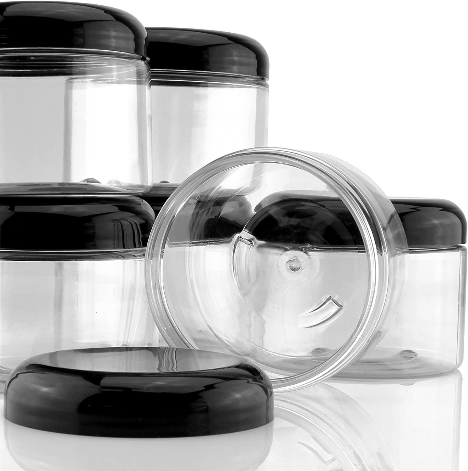 Cornucopia 12 Ounce Clear Plastic Jars w/Black Plastic Lids (6 pack); BPA Free PET Stackable Canisters for Bathroom & Kitchen Storage