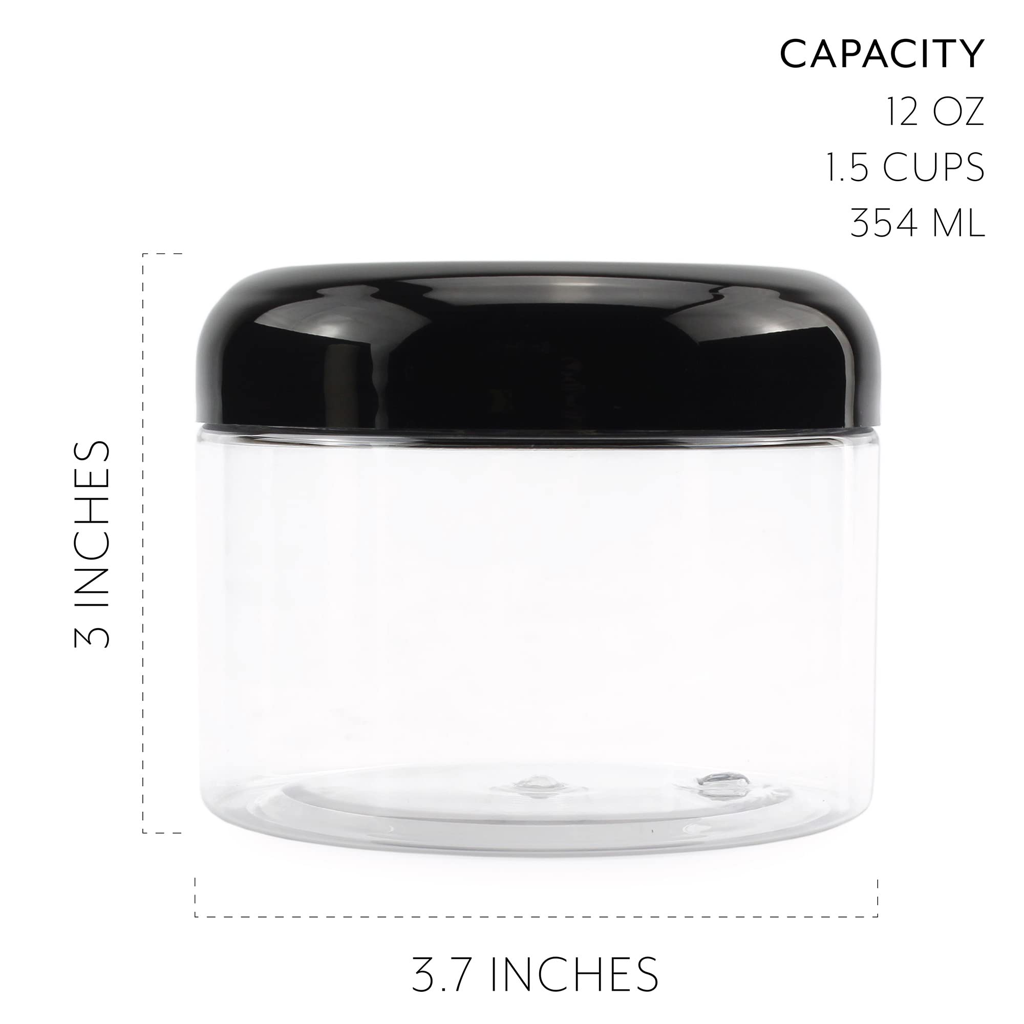 Cornucopia 12 Ounce Clear Plastic Jars w/Black Plastic Lids (6 pack); BPA Free PET Stackable Canisters for Bathroom & Kitchen Storage