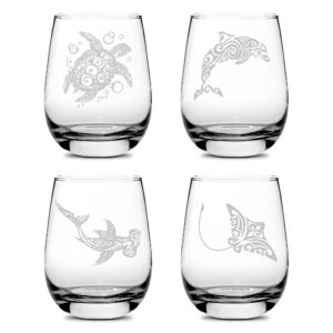 integrity bottles tribal sea life designs, (set of 4) turtle, dolphin, hammerhead shark and stingray, stemless wine glasses, handmade, handblown, hand etched gifts, sand carved, 16oz