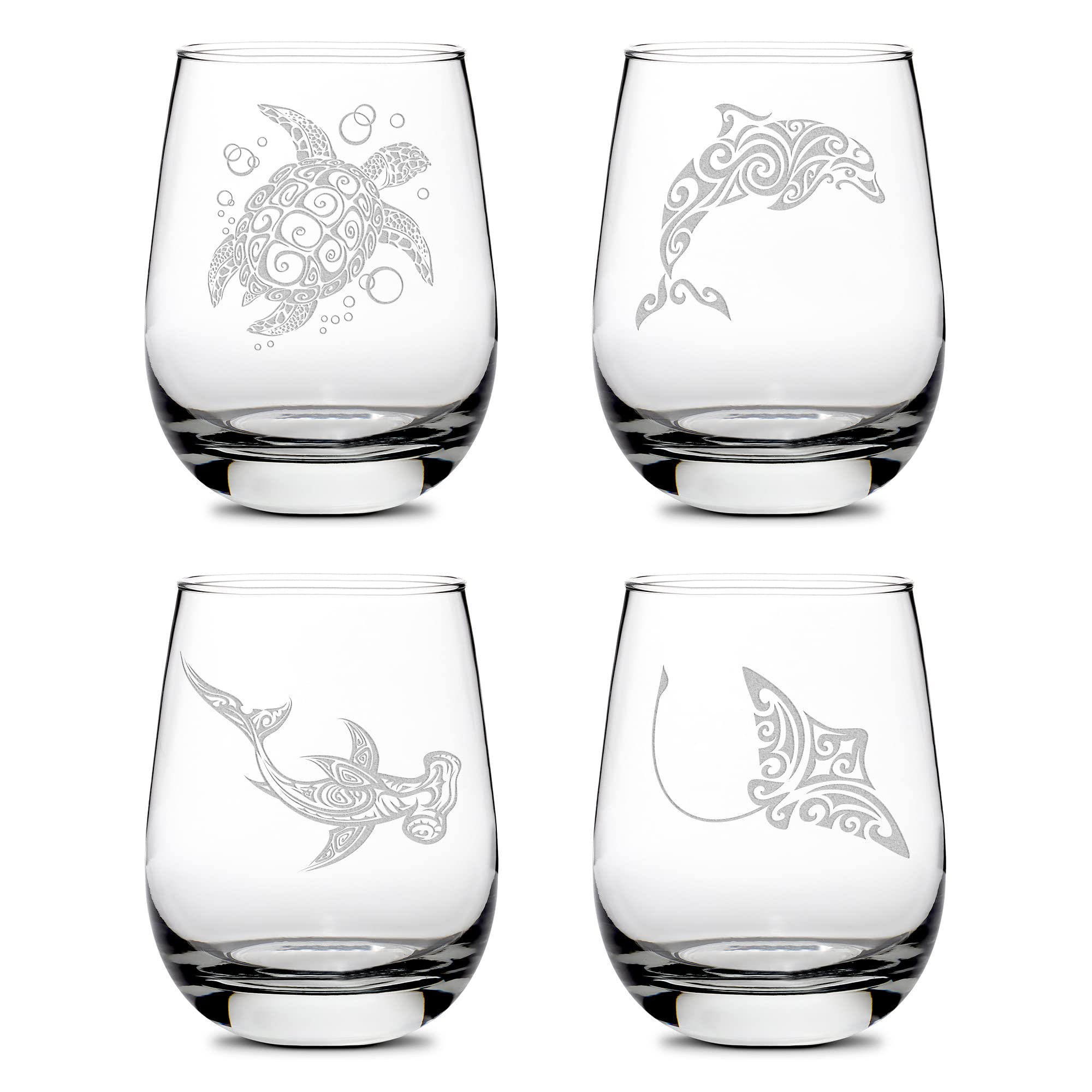 Integrity Bottles Tribal Sea Life Designs, (Set of 4) Turtle, Dolphin, Hammerhead Shark and Stingray, Stemless Wine Glasses, Handmade, Handblown, Hand Etched Gifts, Sand Carved, 16oz