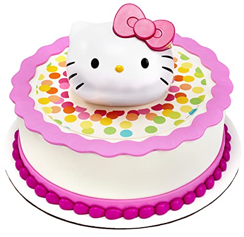 DecoSet® Hello Kitty Style Cake Topper, 4-Piece Decoration Set with Surprise Inside, Bow Stamp and Sticker Sheets for Hours of Fun After the Birthday Party