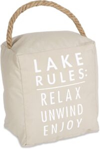 pavilion gift company lake rules: relax unwind enjoy tan door stopper, off white, 5" x 6"
