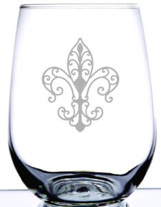 fleur de lis design | precision laser etched permanently melts the design into the glass creating a frosted appearance on this15 ounce clear stemless wine glass