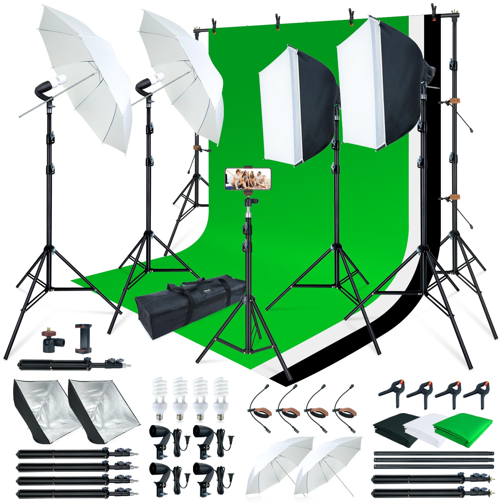 LINCO Lincostore Photo Video Studio Light Kit AM169 - Including 3 Color Backdrops (Black/White/Green) Background Screen