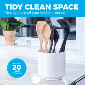 Rotating Extra Large White Plastic Utensil Holder Caddy with Sturdy No-Tip Weighted Base, Removable Divider, and Gripped Insert - Dishwasher Safe Kitchen Utensil Holder for Countertop