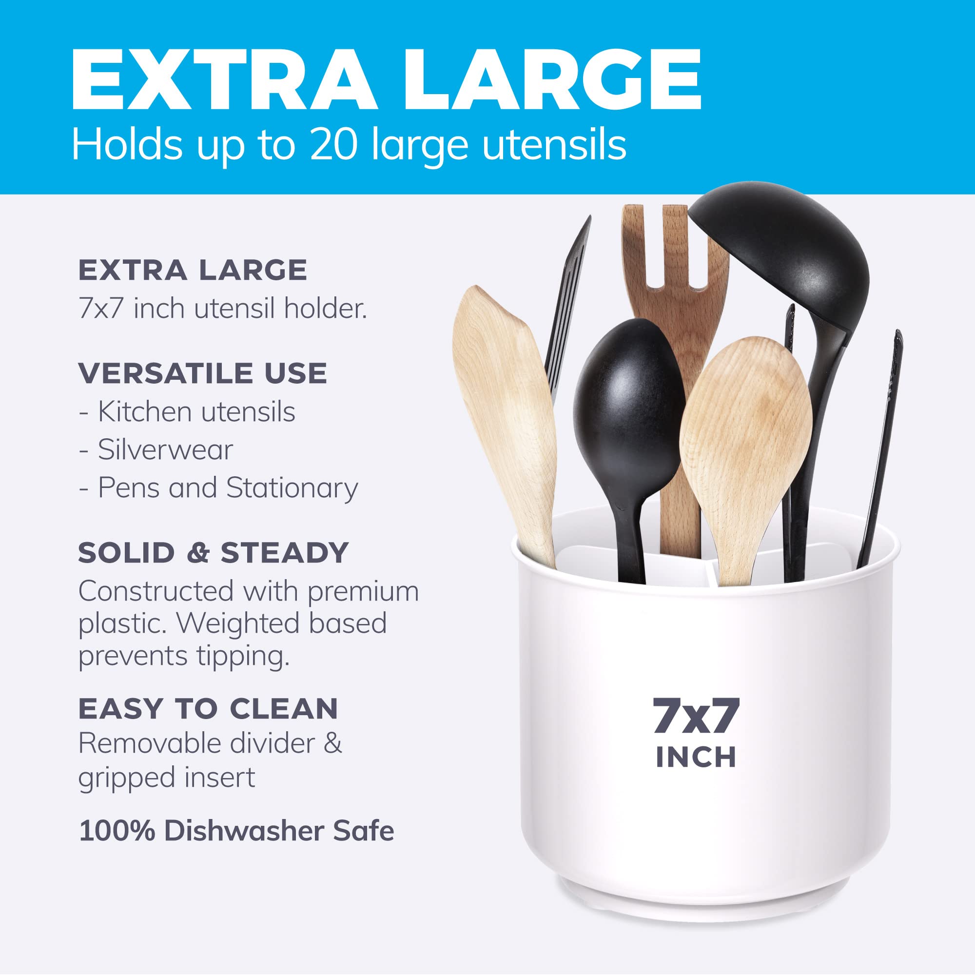 Rotating Extra Large White Plastic Utensil Holder Caddy with Sturdy No-Tip Weighted Base, Removable Divider, and Gripped Insert - Dishwasher Safe Kitchen Utensil Holder for Countertop