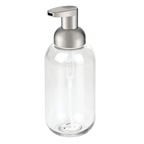 mDesign Round Plastic Refillable Foaming Soap Dispenser Pump Bottle for Kitchen Countertop and Sink - Vintage-Inspired, Compact Container Design - Twain Collection - 2 Pack - Clear/Brushed Chrome