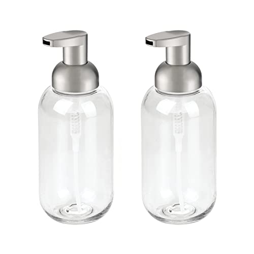 mDesign Round Plastic Refillable Foaming Soap Dispenser Pump Bottle for Kitchen Countertop and Sink - Vintage-Inspired, Compact Container Design - Twain Collection - 2 Pack - Clear/Brushed Chrome