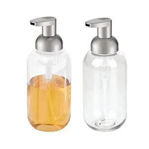 mdesign round plastic refillable foaming soap dispenser pump bottle for kitchen countertop and sink - vintage-inspired, compact container design - twain collection - 2 pack - clear/brushed chrome