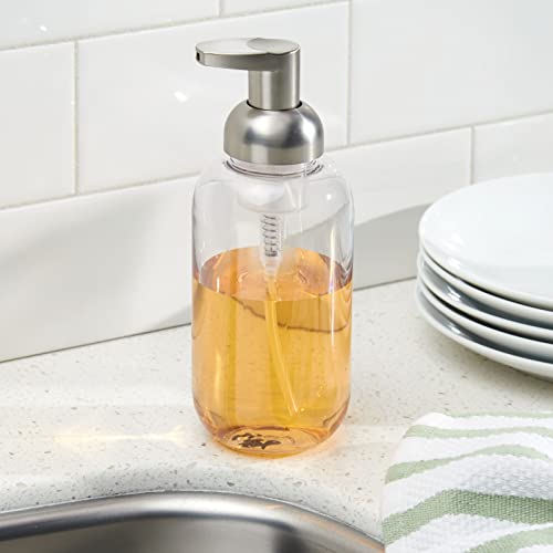 mDesign Round Plastic Refillable Foaming Soap Dispenser Pump Bottle for Kitchen Countertop and Sink - Vintage-Inspired, Compact Container Design - Twain Collection - 2 Pack - Clear/Brushed Chrome