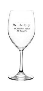 lushy wino –w.i.n.o.s. women in need of sanity. cute, novelty, etched stemmed, large 16-ounce wine glass with funny sayings in gift box