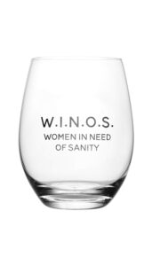 lushy wino – w.i.n.o.s. women in need of sanity cute, novelty, etched stemless 18-ounce wine glass with funny sayings in gift box