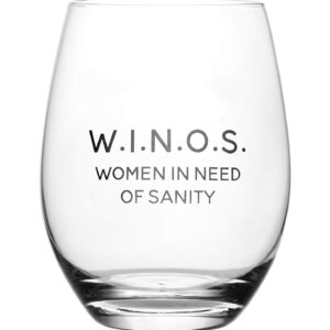 Lushy Wino – W.I.N.O.S. Women In Need Of Sanity Cute, Novelty, Etched Stemless 18-Ounce Wine Glass with Funny Sayings in Gift Box