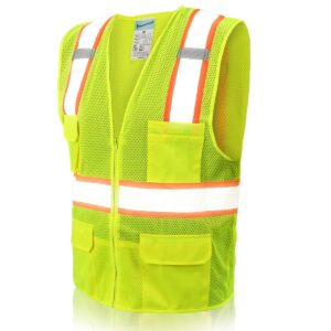 shorfune high visibility safety vest with 10 pockets, mic tabs, zipper and reflective strips, reflective construction vest for men and women, ansi/isea standards, yellow, m