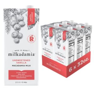 milkadamia macadamia milk - unsweetened vanilla - 32 fl oz (pack of 6) - lactose free milk, vegan shelf stable milk, plant based non dairy milk, organic dairy free macadamia nut milk