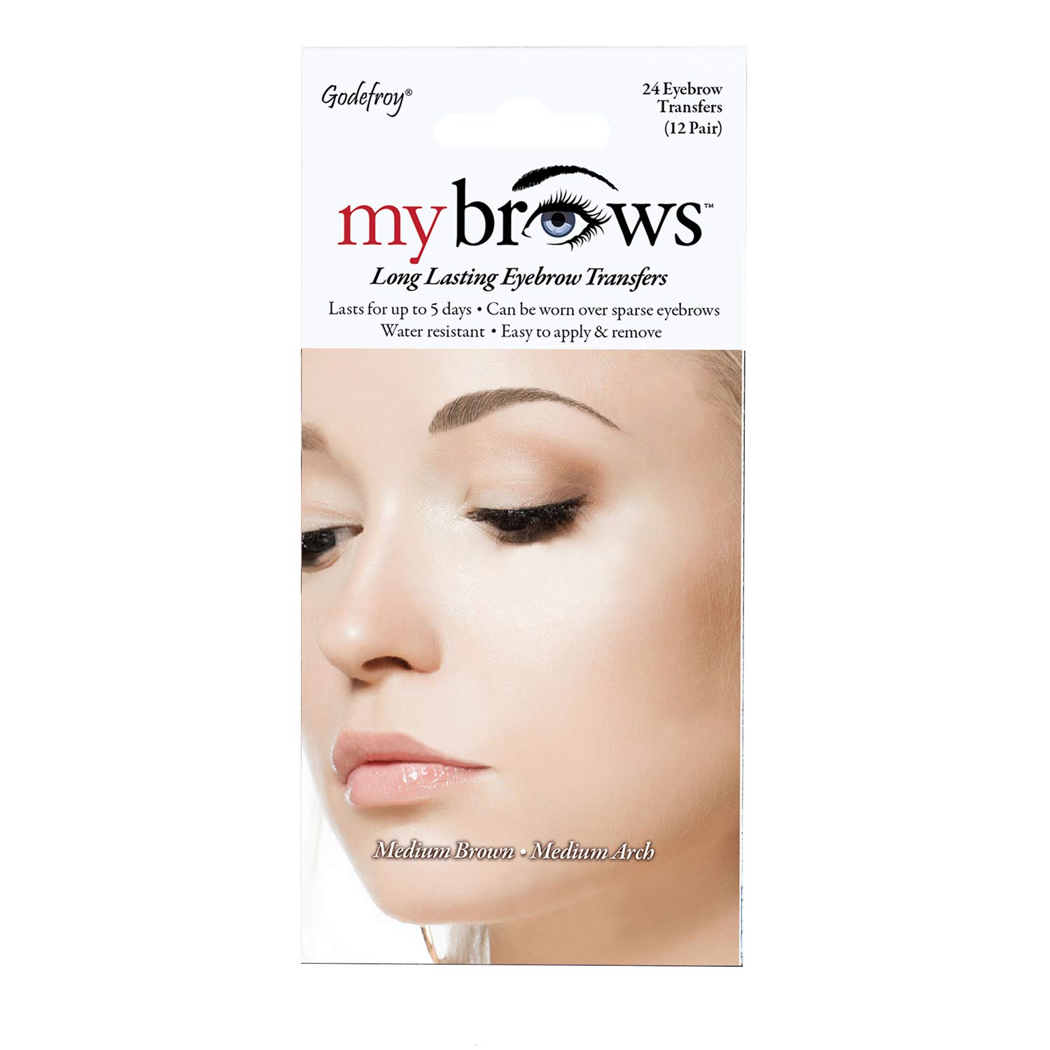 Godefroy MyBrows Long Lasting Eyebrow Transfers, Medium Arch, Medium Brown, 12-Pairs of Brows