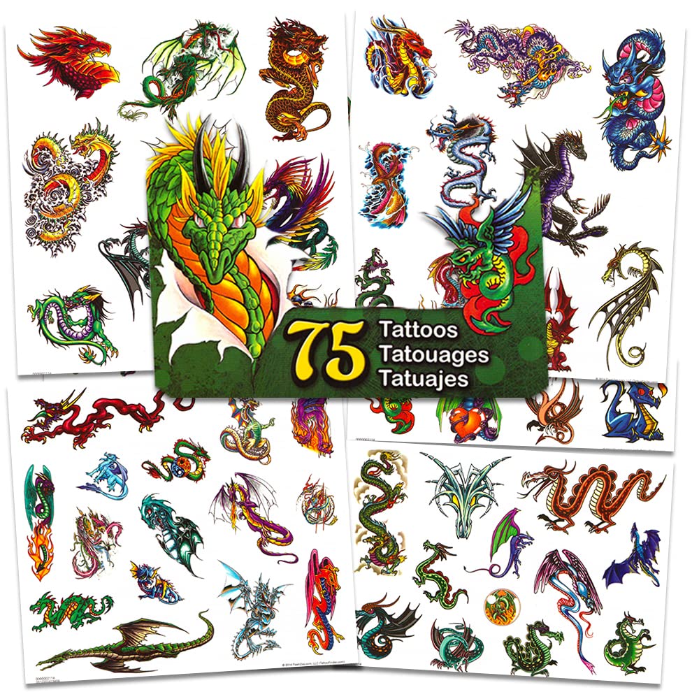 Dragon Temporary Tattoos Party Favor Set -- 75 Dragons Temporary Tattoos with Popart Stickers (Dragon Party Supplies)