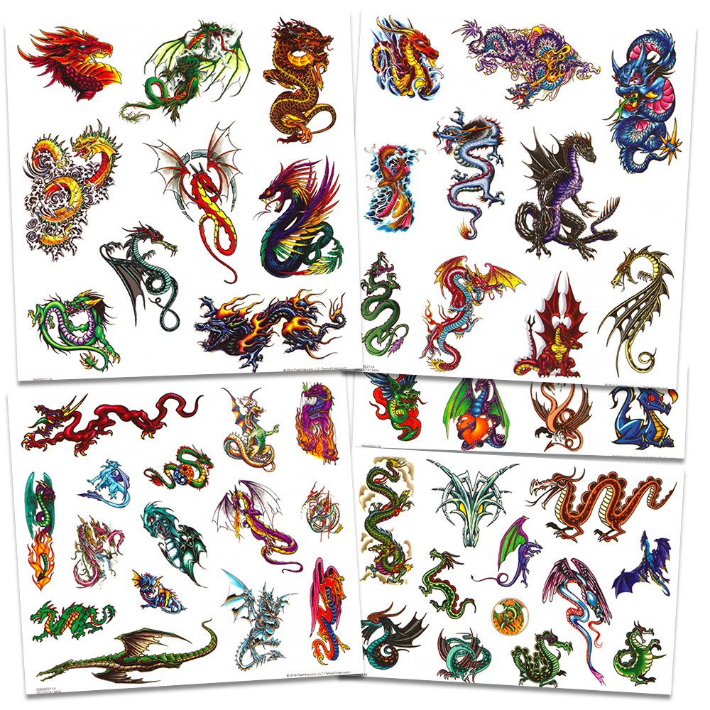 Dragon Temporary Tattoos Party Favor Set -- 75 Dragons Temporary Tattoos with Popart Stickers (Dragon Party Supplies)