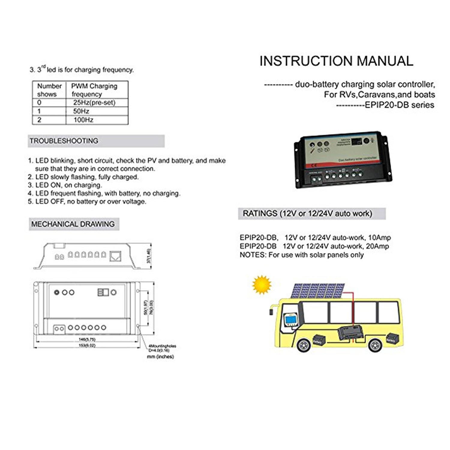 EPsolar Dual Battery Solar Charge Controller 10A 12V/24V Auto Work for RVs Caravans and Boats etc Duo Battery Solar Charging System(10A)