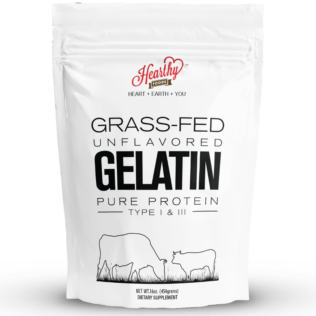 Hearthy Foods Beef Gelatin Powder Unflavored Gelatin Powder for Women and Men | Keto and Paleo Friendly Pure Protein Type 1 & 3, Grass-Fed Halal Certified, Non-GMO, Kosher Gelatin | 16 oz. 454g