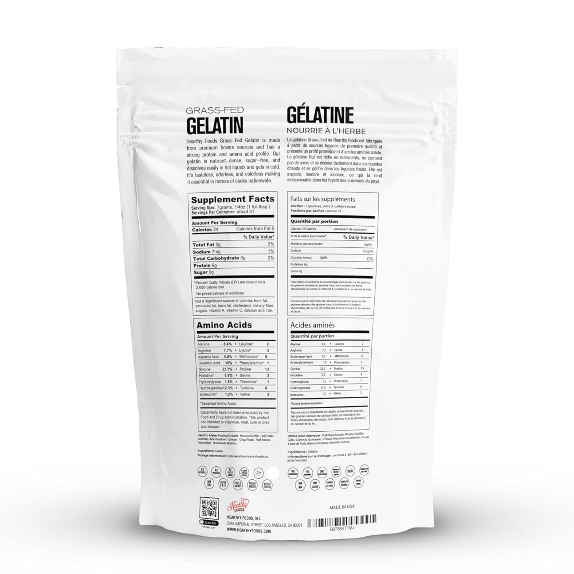 Hearthy Foods Beef Gelatin Powder Unflavored Gelatin Powder for Women and Men | Keto and Paleo Friendly Pure Protein Type 1 & 3, Grass-Fed Halal Certified, Non-GMO, Kosher Gelatin | 16 oz. 454g