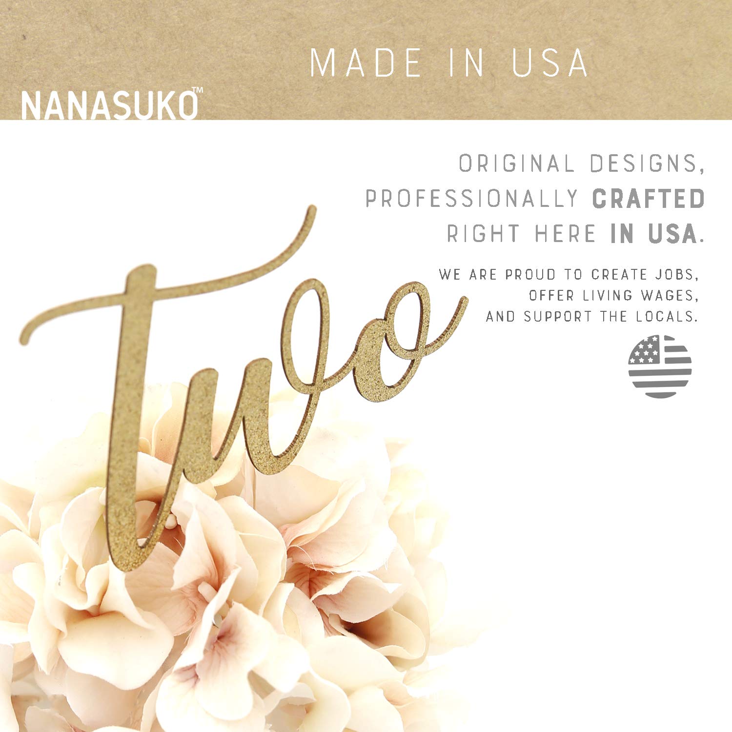 NANASUKO 2nd Birthday Cake Topper - Two - Double Sided Gold Glitter - Premium Quality Made in USA