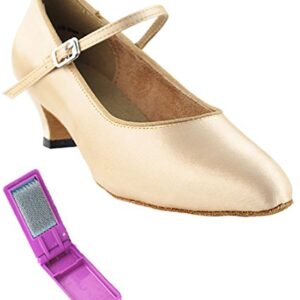 Very Fine Dance Shoes - Ladies Practice, Cuban Low Heel Ballroom Dance Shoes - 3008-1.3-inch Heel and Foldable Brush Bundle - Light Brown Satin - 4.5