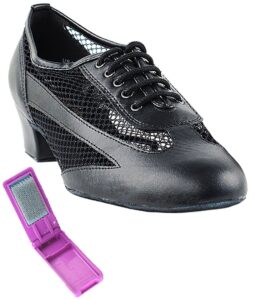 very fine dance shoes - ladies practice, cuban low heel ballroom dance shoes - 2009-1.5-inch heel and foldable brush bundle - black leather - 6.5