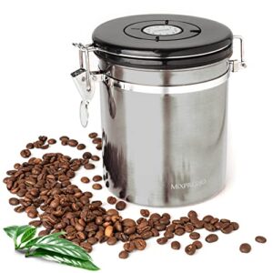 mixpresso 16oz coffee canister, stainless steel airtight coffee container, ground coffee bean storage with date tracker, vacuum sealed espresso airtight container, coffee jar, sugar container